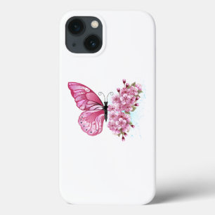 Bloem Vlinder met Roze Sakura iPhone 13 Hoesje