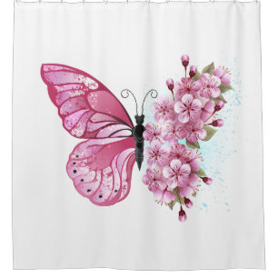 Bloem Vlinder met Roze Sakura Douchegordijn