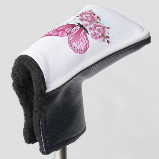 Bloem Vlinder met Roze Sakura Golfheadcover (3/4 voorkant)