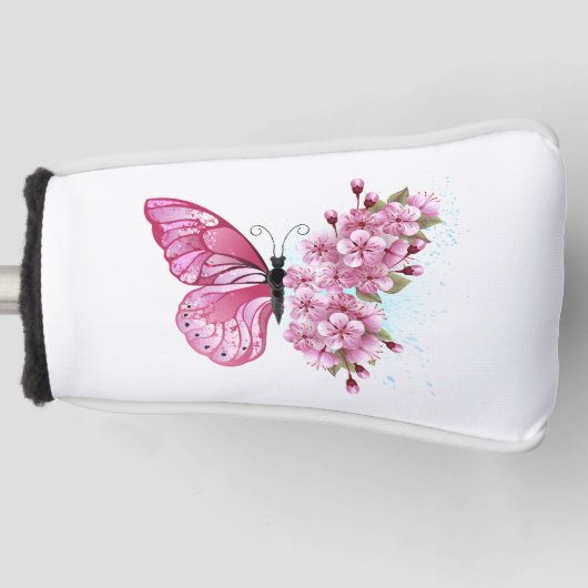 Bloem Vlinder met Roze Sakura Golfheadcover (Voorkant)