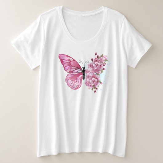 Bloem Vlinder met Roze Sakura Grote Maat T-shirt (Design voorkant)