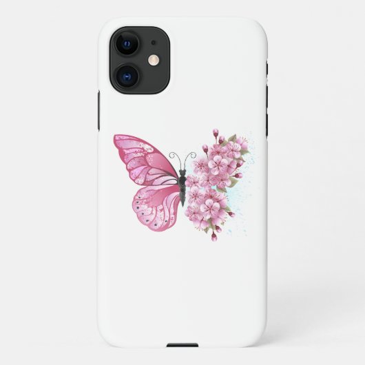Bloem Vlinder met Roze Sakura iPhone Hoesje (Achterkant)