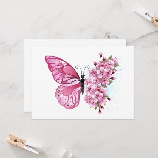 Bloem Vlinder met Roze Sakura Kaart (Voorkant / Achterkant in situ)