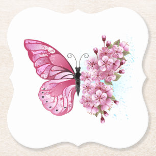 Bloem Vlinder met Roze Sakura Kartonnen Onderzetters