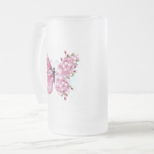 Bloem Vlinder met Roze Sakura Matglas Bierpul (Voorkant links)