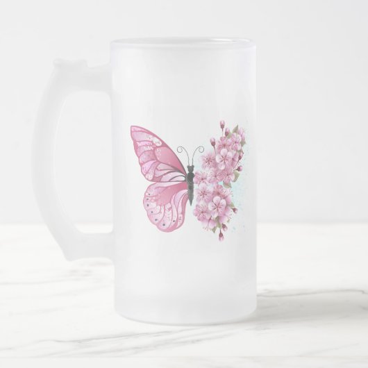 Bloem Vlinder met Roze Sakura Matglas Bierpul (Links)