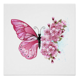 Bloem Vlinder met Roze Sakura Perfect Poster