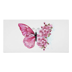 Bloem Vlinder met Roze Sakura Perfect Poster