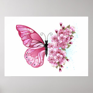 Bloem Vlinder met Roze Sakura Poster