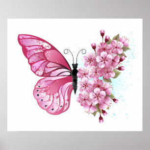Bloem Vlinder met Roze Sakura Poster