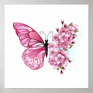 Bloem Vlinder met Roze Sakura Poster