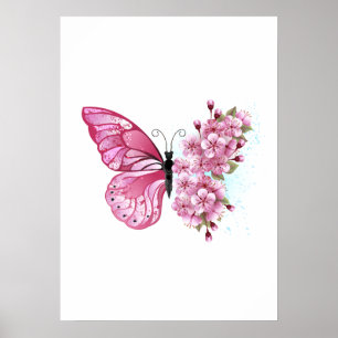 Bloem Vlinder met Roze Sakura Poster