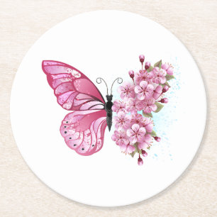 Bloem Vlinder met Roze Sakura Ronde Kartonnen Onderzetter
