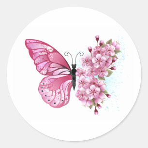 Bloem Vlinder met Roze Sakura Ronde Sticker