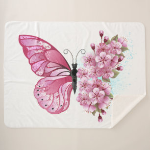 Bloem Vlinder met Roze Sakura Sherpa Deken