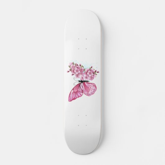 Bloem Vlinder met Roze Sakura Skateboard (Voorkant)