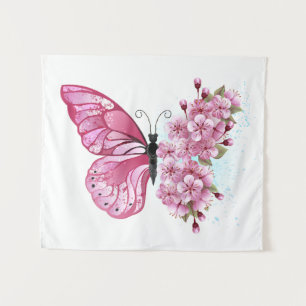 Bloem Vlinder met Roze Sakura Wandkleed