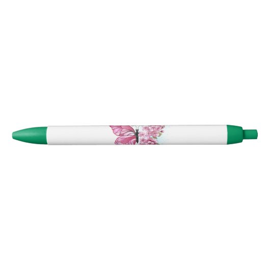 Bloem Vlinder met Roze Sakura Zwarte Inkt Pen (Voorkant)
