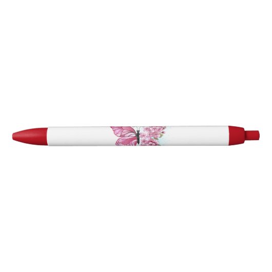 Bloem Vlinder met Roze Sakura Zwarte Inkt Pen (Voorkant)