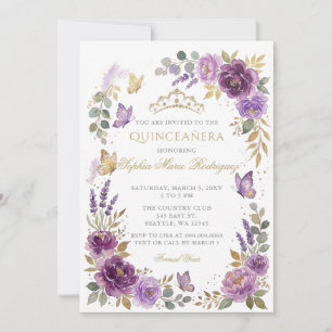 Bloem Vlinder Paars Gouden Tiara Quinceañera Kaart