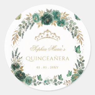 Bloem Vlinder Smaragd Gouden Tiara Quinceañera Ronde Sticker