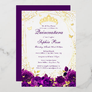 Bloem Vlinder Tiara Paars Quinceanera Folie Uitnodiging