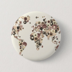 Bloem Wereldkaart Sepia Ronde Button 5,7 Cm