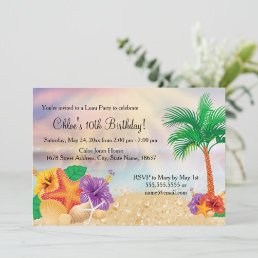 Bloem Zeester Luau Verjaardagsfeest Uitnodiging (Staand voorkant)