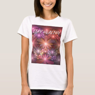 Bloembed van kleurrijke glanzende abstracte fracta t-shirt