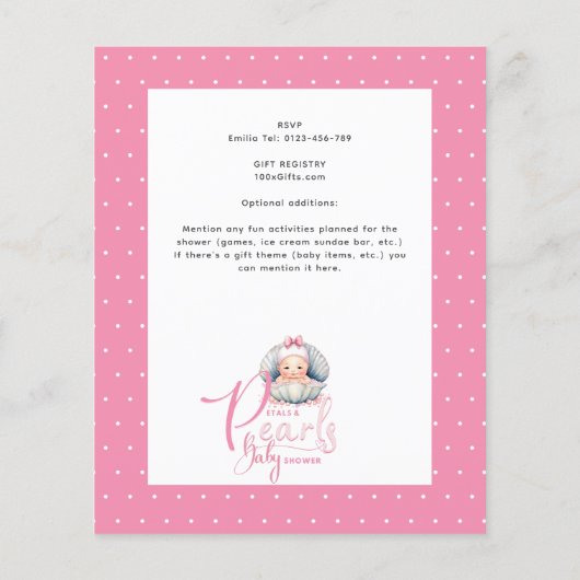 Bloemblaadjes en Parels Roze Baby Meisje Shower (Achterkant)