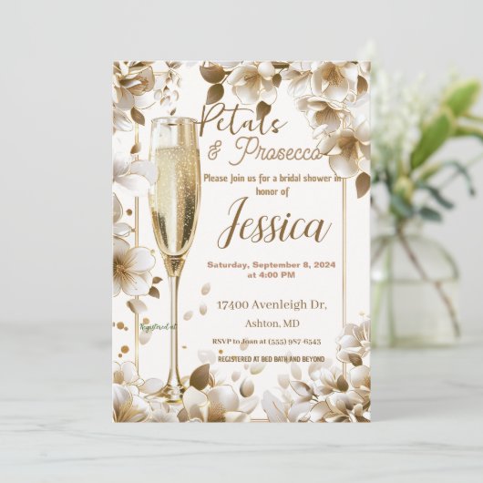 Bloemblaadjes en prosecco bruids douche uitnodigin kaart (Staand voorkant)