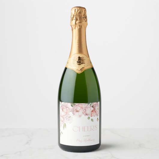 Bloemblaadjes en Prosecco Roze Roos Bloemrijke Bru Sparkling Wijnetiket (Voorkant)