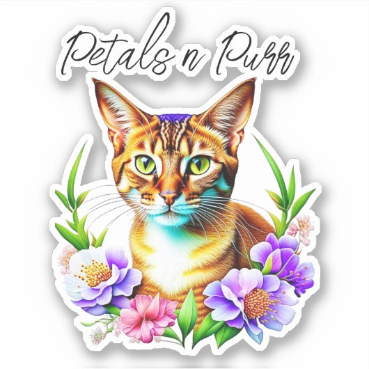bloemblaadjes en Spint Schattigee kat en  bloemen Sticker (Voorkant)