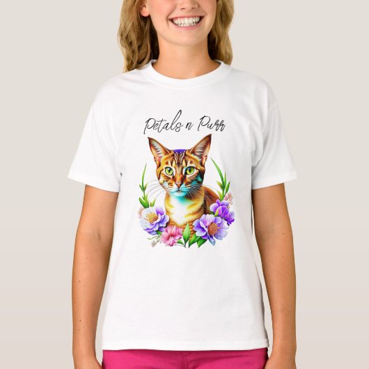 bloemblaadjes en Spint Schattigee kat en bloemen T-shirt (Voorkant)