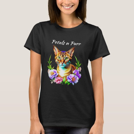 bloemblaadjes en Spint Schattigee kat en  bloemen T-shirt (Voorkant)