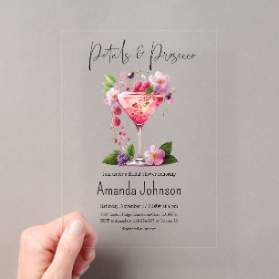 Bloemblaadjes & Prosecco Blush Roze Bloemrijke Bru Acryl Uitnodigingen