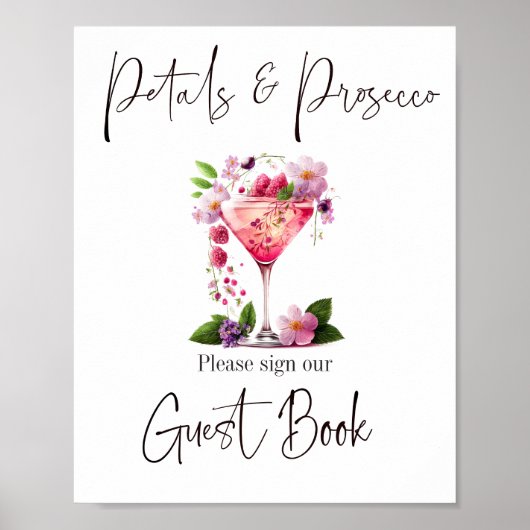Bloemblaadjes & Prosecco Roze Roze Bruiloft Gast Poster (Voorkant)