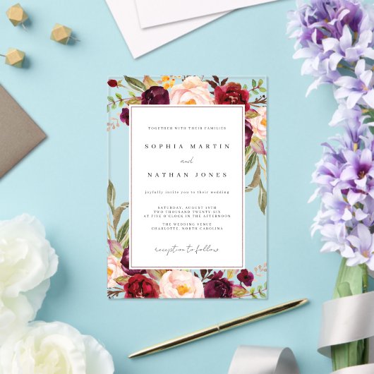 Bloemblad Bourgogne Groen Modern Clear Wedding Acryl Uitnodigingen (Insitu (Huwelijk))