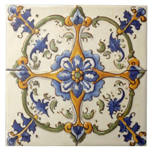  Bloemblauw Bloem op Wit Groen & Geel Tegeltje