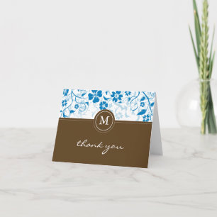 Bloemblauw-bruin monogram Dank u kaart