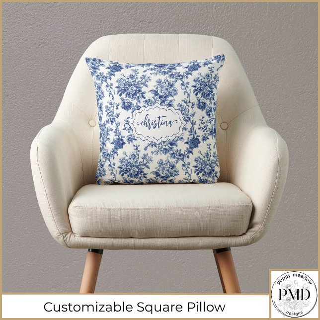  Bloemblauw Wit Gepersonaliseerd Kussen (Vintage Floral Navy Blue and White Toile Personalized Square Throw Pillow, add her Name or Initials.)