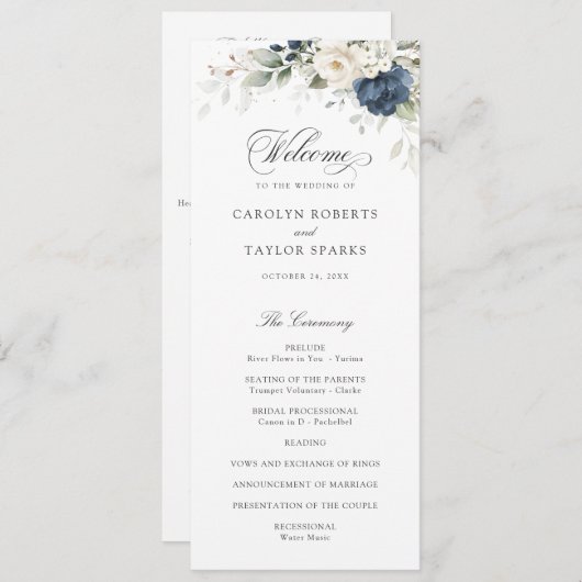 Bloemblauw wit groen goud bruiloft programma (Voorkant / Achterkant)