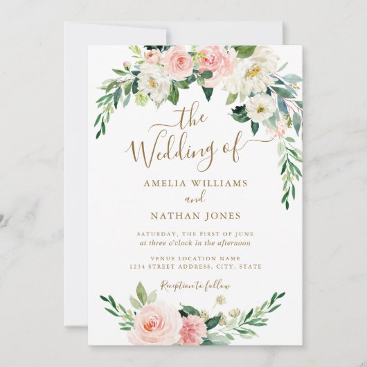 Bloemblush gouden krans bruiloft kaart (Voorkant)