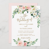 Bloemblush gouden krans bruiloft kaart (Voorkant / Achterkant)