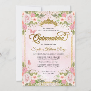 Bloemblush roze goud glitter kroon quinceañera kaart