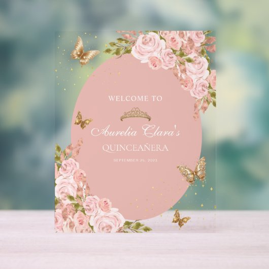 Bloemblush roze goud tiara vlinder quinceañera acryl bord (Neutraal)
