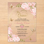 Bloemblush roze goud tiara vlinder quinceañera acryl uitnodigingen (Voorkant)