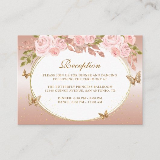 Bloemblush roze goud tiara vlinder quinceañera informatiekaartje (Voorkant)