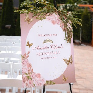 Bloemblush roze goud tiara vlinder quinceañera poster
