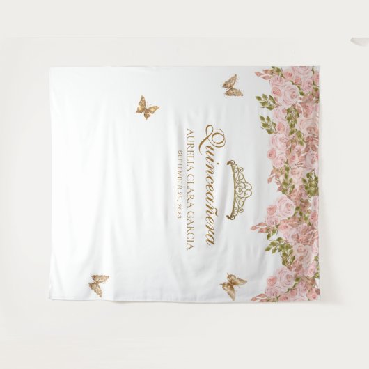 Bloemblush roze goud tiara vlinder quinceañera wandkleed (Voorkant (horizontaal))